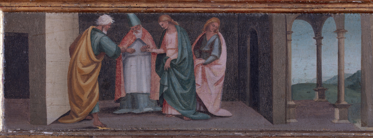 Lo sposalizio. Predella con Storie della Vergine, primo pannello. Tempera su tavola di F. Signorelli (1527)