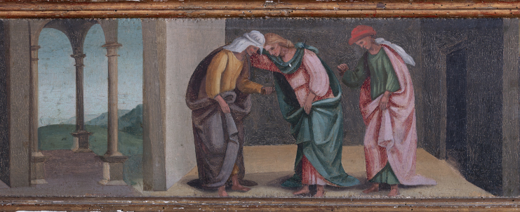Visitazione. Predella con Storie della Vergine, secondo pannello. Tempera su tavola di F. Signorelli (1527)