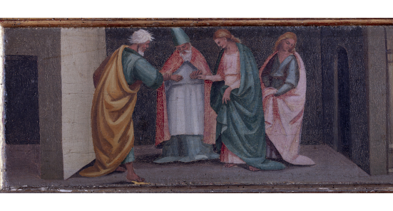 Predella con Storie della Vergine: dettaglio dalla scena raffigurante lo sposalizio della Vergine, tempera su tavola, Francesco Signorelli, 1527