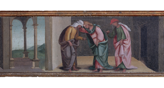 Predella con Storie della Vergine: Visitazione, tempera su tavola, Francesco Signorelli, 1527