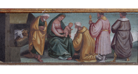Predella con Storie della Vergine: Nascita di Gesù e Adorazione dei Magi, tempera su tavola, Francesco Signorelli, 1527